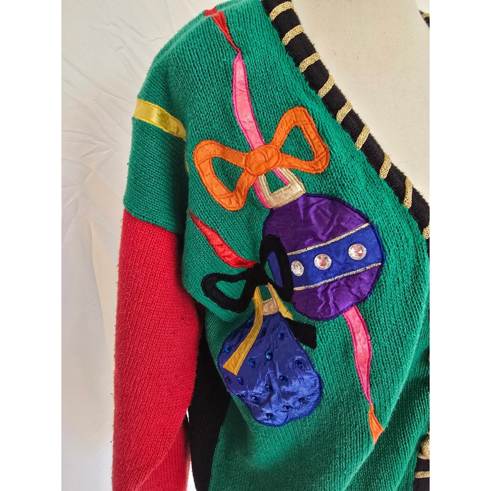 Womens Ugly Christmas Sweater Cardigan Ornaments Bows Holiday Fun‎ L - Picture 3 of 5